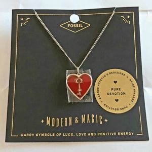 Fossil Heart and Key Gold-Tone Steel Necklace